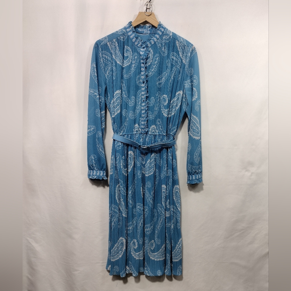 Vintage Hal Ferman Paisley Pleated Dress Women's 18 Blue Retro 90s Y2K Fairy